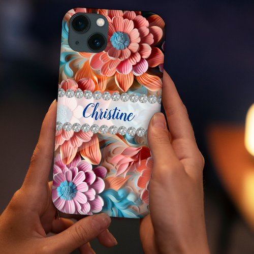 Pink blue pink  salmon diamond frame custom iPhone 13 case