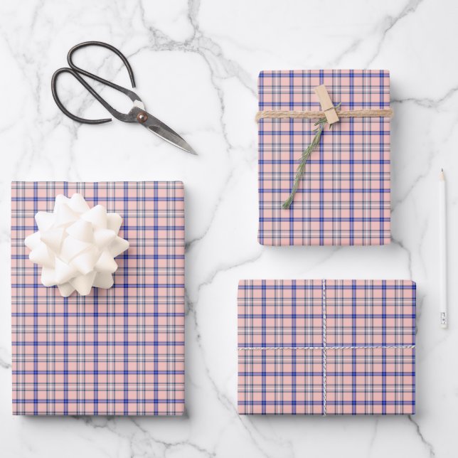 Pink Blue Plaid Classic Pattern Retro Wrapping Paper Sheets (Front)