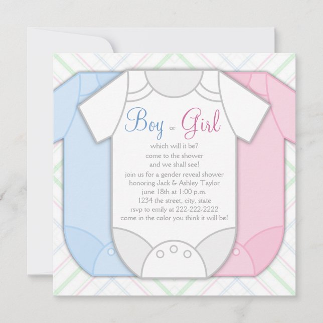 Pink Blue Plaid Gender Reveal Baby Shower Invitation (Front)