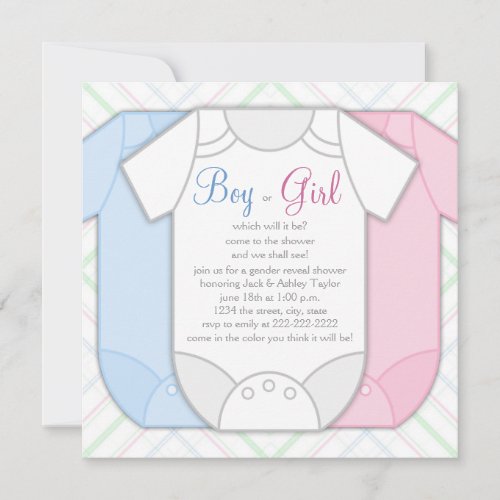 Pink Blue Plaid Gender Reveal Baby Shower Invitations