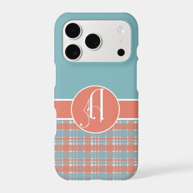 Pink & Blue, Plaid & Solid Monogram A Case-Mate iPhone Case (Back)