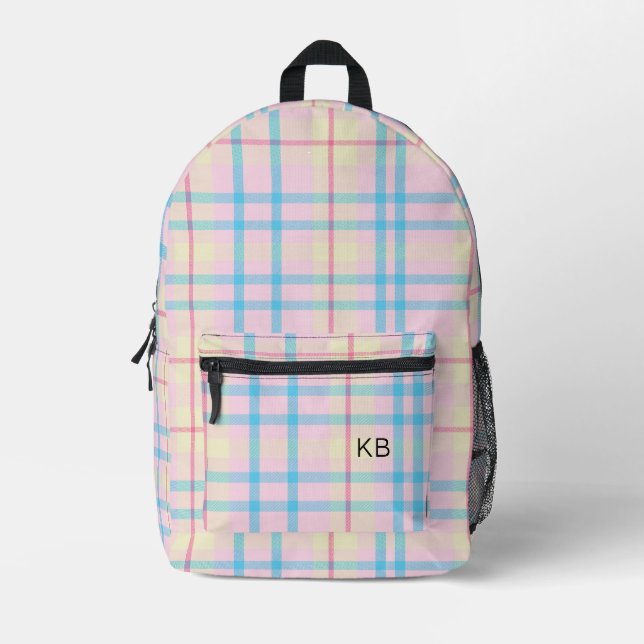  Pink & Blue Plaid Tartan Check Monogram Initials Printed Backpack (Front)