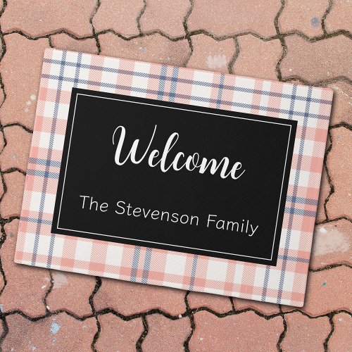 Pink  Blue Plaid Welcome Monogrammed Family Name  Doormat