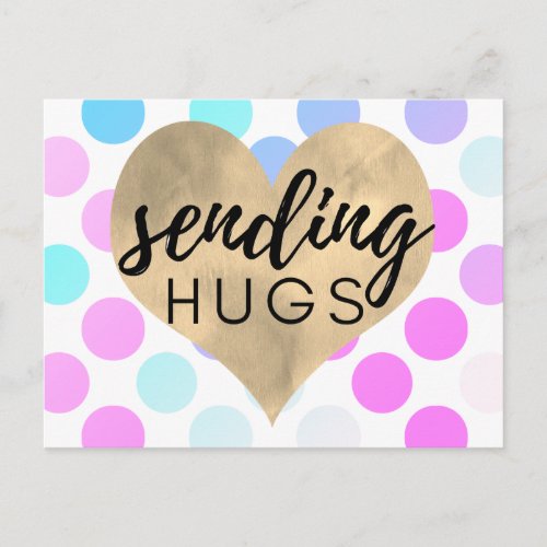Pink Blue Polka Dots Gold Heart Sending Hugs Postcard
