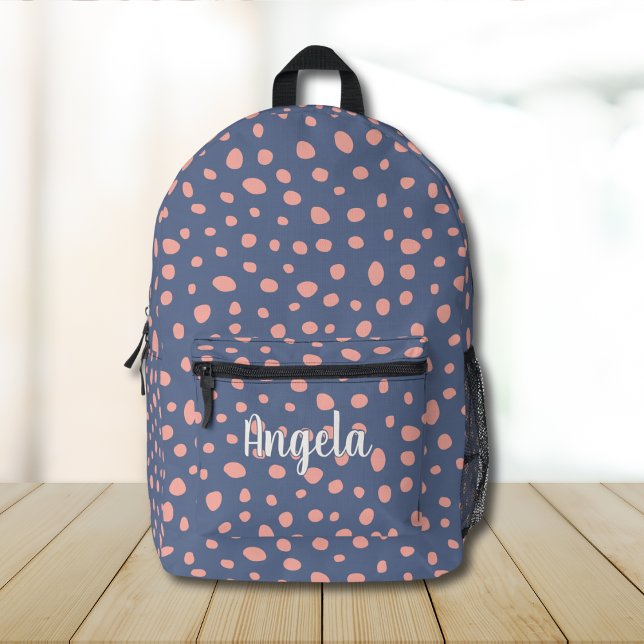 Pink Blue Polka Dots Monogram Name Printed Backpack (Creator Uploaded)