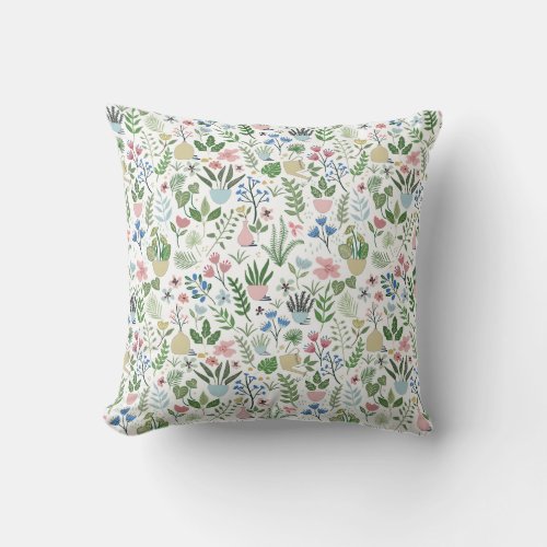 Pink Blue Potted Plants Flowers Greenery Throw Pillow