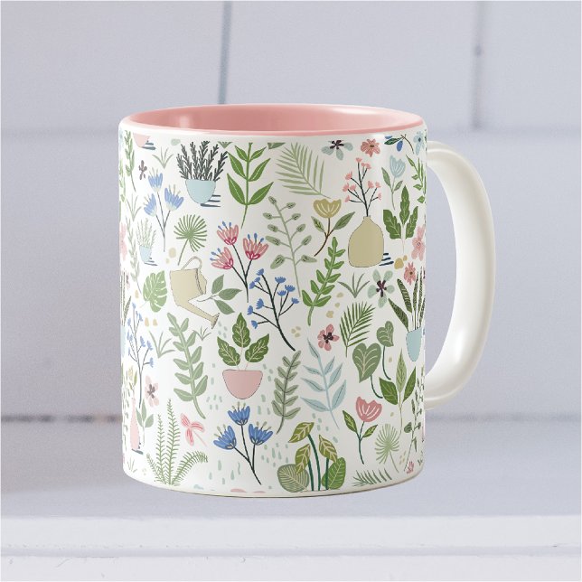 Pink Blue Potted Plants Flowers Greenery Two-Tone Coffee Mug (Creator Uploaded)