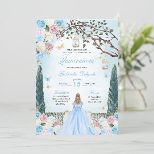 Pink  Blue Princess Enchanted Garden Quinceanera Invitation