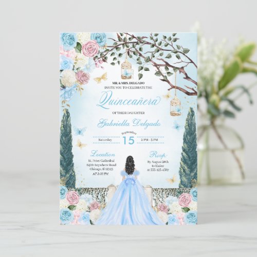 Pink  Blue Princess Enchanted Garden Quinceanera Invitation