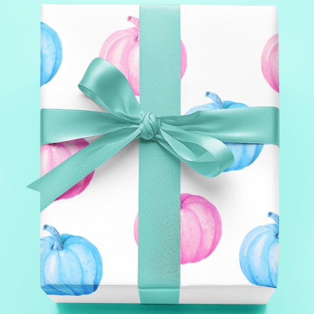 Pink Blue Pumpkin Thanksgiving Gender Reveal Party Wrapping Paper (Creator Uploaded)