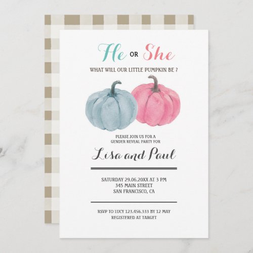 Pink Blue Pumpkins He or She Gender Reveal Invitation