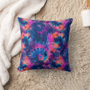 Pink Blue Purple and Orange Tie Dye Burst Throw Pillow
