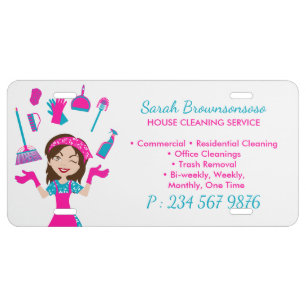 Pink Blue Purple Cartoon Homes Cleaning Service License Plate