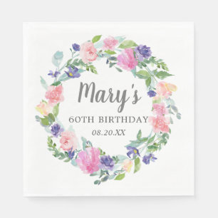 Pink Blue Purple Floral 60th Birthday Napkins
