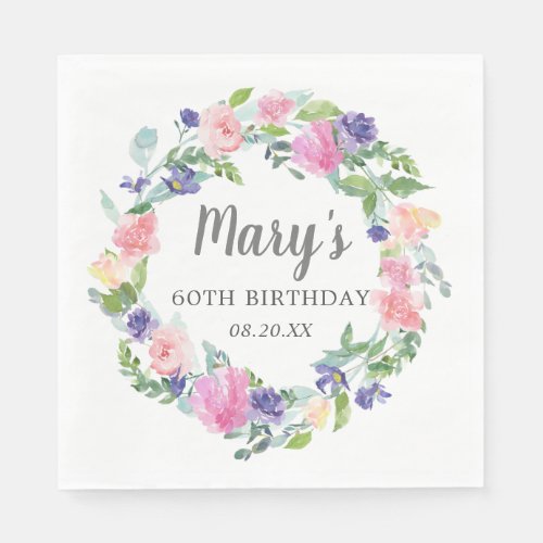 Pink Blue Purple Floral 60th Birthday Napkins