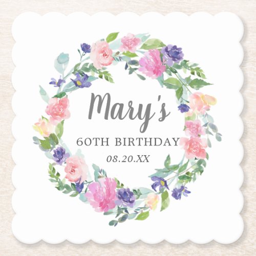 Pink Blue Purple Floral 60th Birthday Paper Coaster