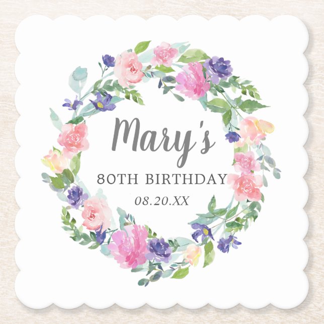 Pink Blue Purple Floral 80th Birthday Paper Coaster (Front)