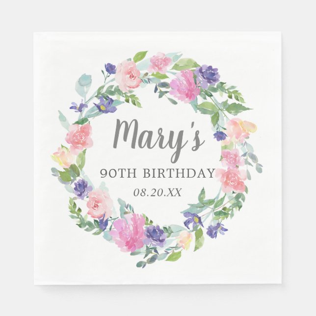 Pink Blue Purple Floral 90th Birthday Napkins (Front)