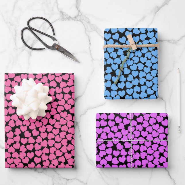 Pink Blue Purple Hearts Pattern Wrapping Paper Sheets (Front)