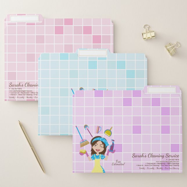 Pink Blue Purple Janitorial Lady House Cleaning File Folder (Set)