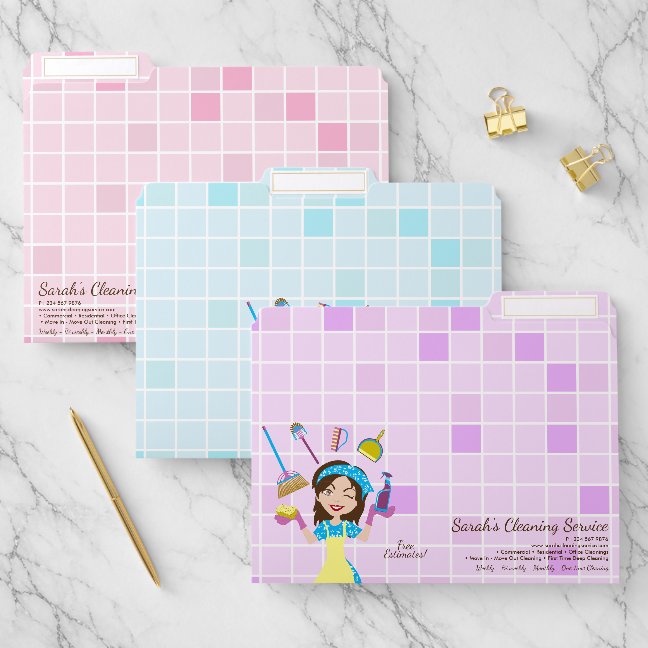 Pink Blue Purple Janitorial Lady House Cleaning File Folder