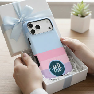 Pink Blue & Purple Pastel Stripes Pattern Monogram iPhone 17 Pro Max Case