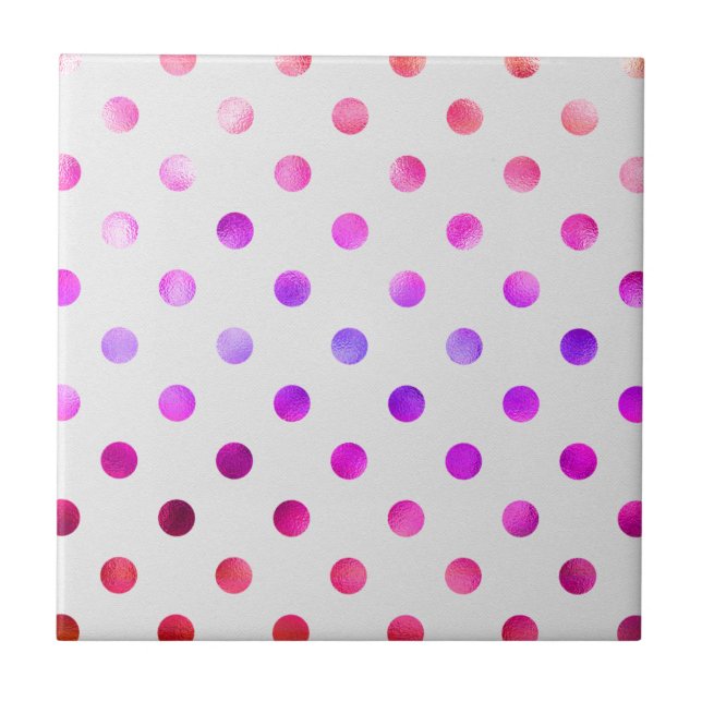 Pink Blue Purple Rainbow Metallic Faux Foil Polka Ceramic Tile (Front)