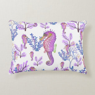 Pink Blue Purple Seahorse Coral Beachy Coastal  Accent Pillow