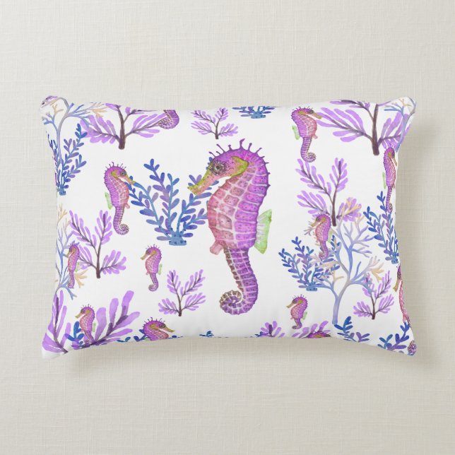 Pink Blue Purple Seahorse Coral Beachy Coastal  Accent Pillow (Front)
