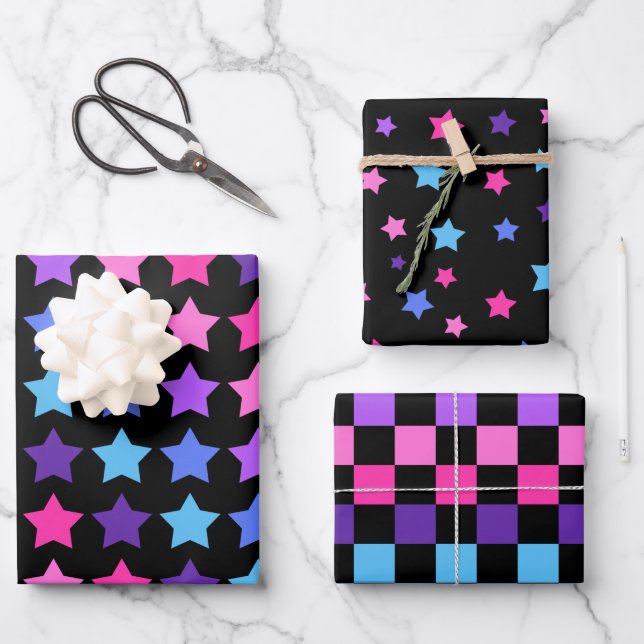 PINK BLUE PURPLE STARS & CHECK PATTERNS WRAPPING PAPER SHEETS (Front)