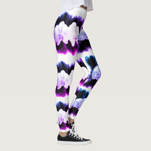 Pink Blue purple watercolor Orchids Pattern Leggings (Right)