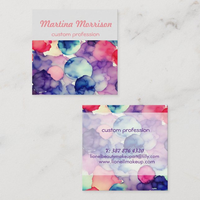 Pink Blue Purple Watercolor paint Fusion  Square Business Card (Front/Back)