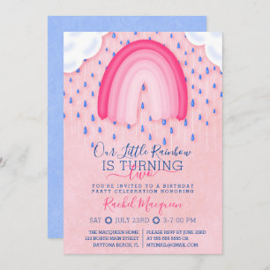 Pink Blue Rainbow Raindrop Clouds Balloon Birthday Invitation