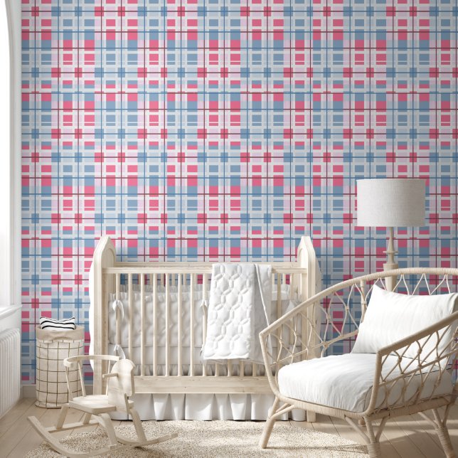 Pink & Blue Rectangular Plaid Pattern Baby Wallpaper (Kids)