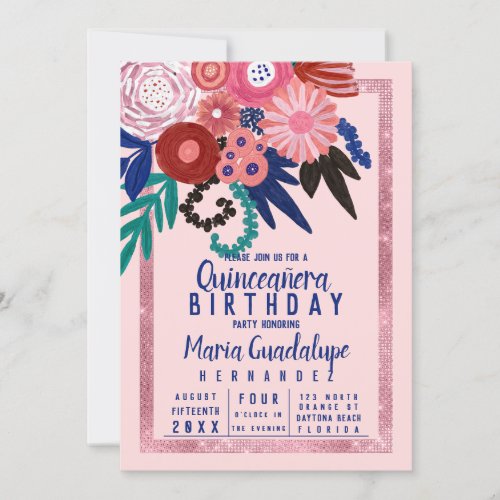 Pink Blue Red Glitter Floral Acrylic Quinceaera Invitation