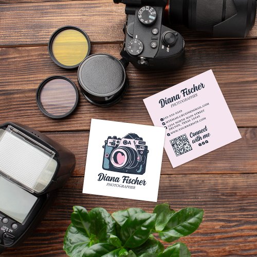 Pink Blue Retro Charm Camera for Photographers Square Business Card