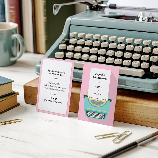 Pink blue retro typewriter professional writer business card (Pink blue retro typewriter professional writer)