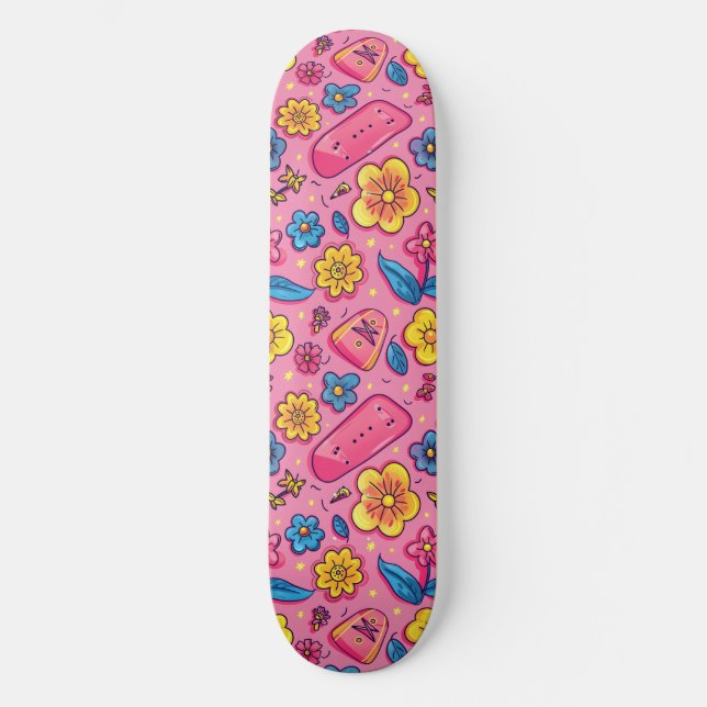 Pink Blue Retro Y2K Unique Design Skateboard (Front)