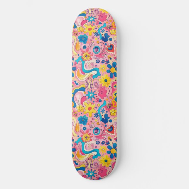 Pink Blue Retro Y2K Unique Design Skateboard (Front)