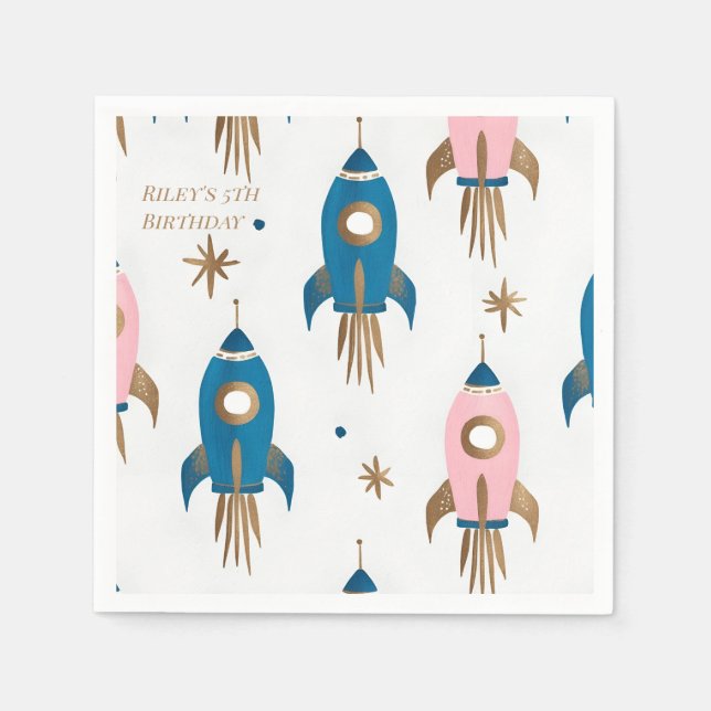 Pink Blue Rocket Birthday Paper Tab Napkins (Front)