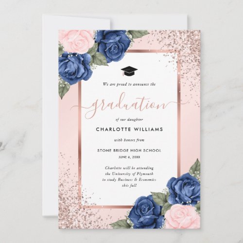 Pink Blue Rose Gold Floral Graduation Announcement