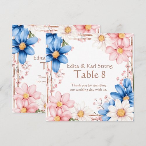 Pink Blue Rose Gold Floral Table Number Thank You