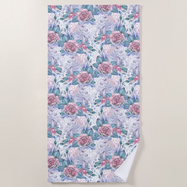 Pink & Blue Rose Pattern Beach Towel (Front)