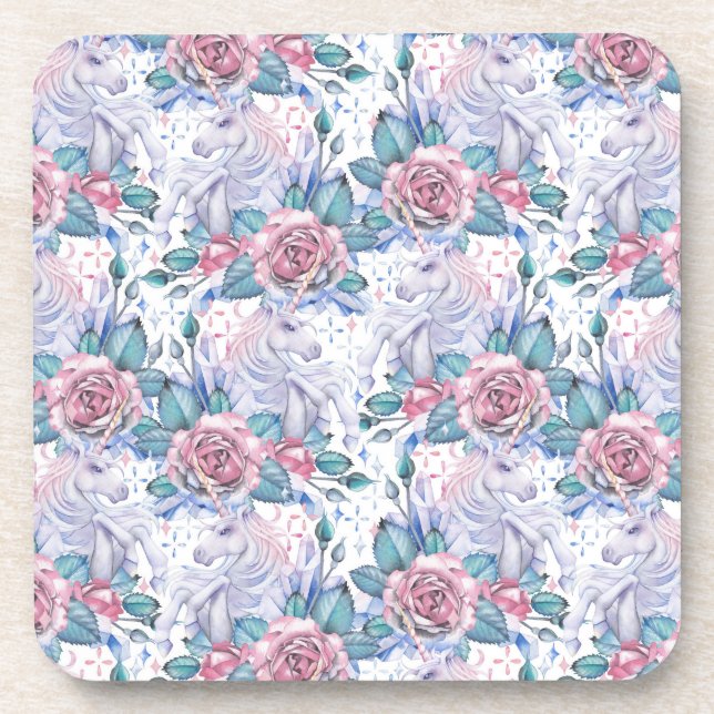 Pink & Blue Rose Pattern Beverage Coaster (Front)