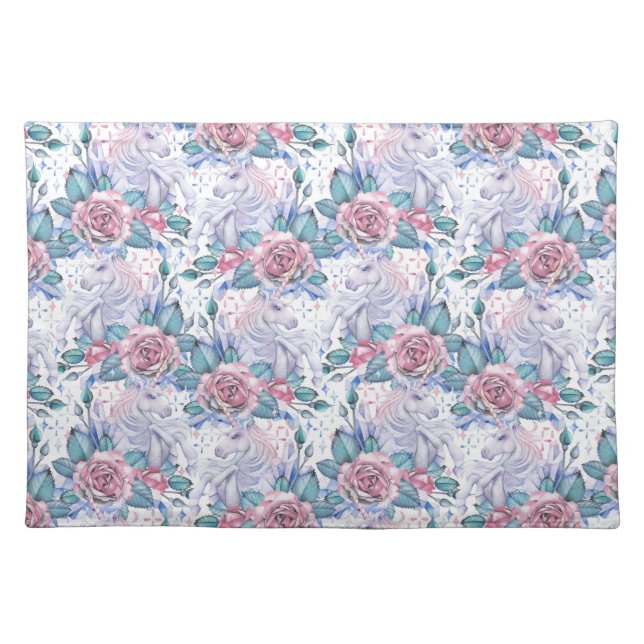 Pink & Blue Rose Pattern Cloth Placemat (Front)