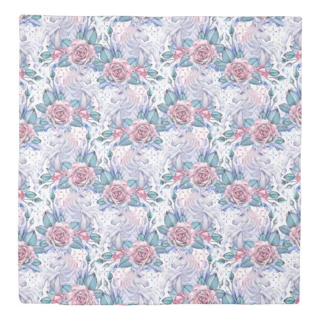 Pink & Blue Rose Pattern Duvet Cover (Front)