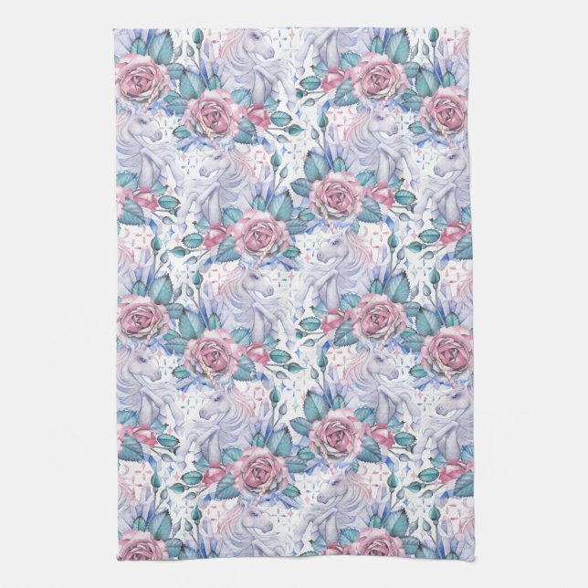 Pink & Blue Rose Pattern Kitchen Towel (Vertical)