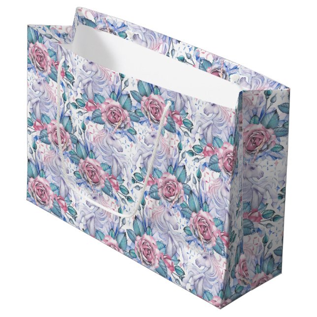 Pink & Blue Rose Pattern Large Gift Bag (Front Angled)