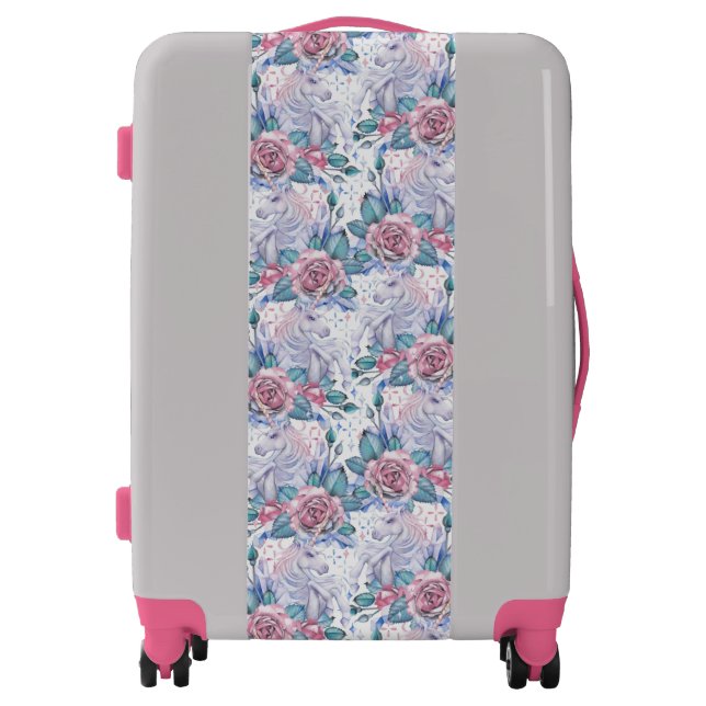 Pink & Blue Rose Pattern Luggage (Front)