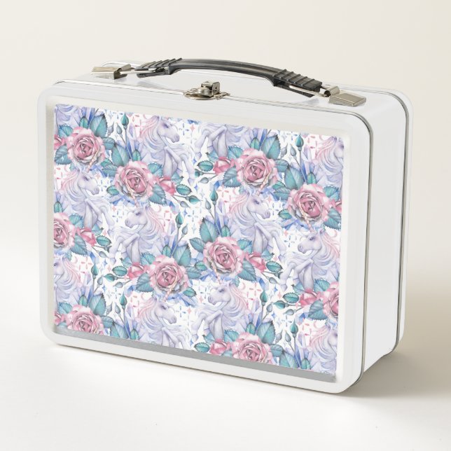 Pink & Blue Rose Pattern Metal Lunch Box (Front)
